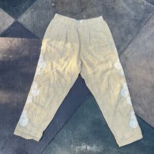 Anthropologie Womens M 100% Linen Pants Yellow Strips Embroidery Boho Preppy